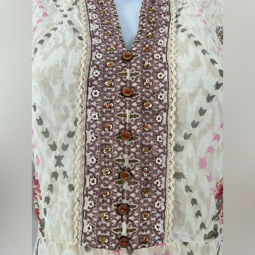 Stunning Cottagecore maxi dress/Gold foil detail/ Size France 44 (Size US 12/L) - Picture 4 of 16